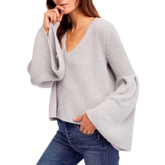 Free People Stone Chinky Knit Dramatic Bell Sleeve Pullover Sweater - Picture 3 of 8